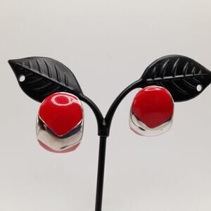 Vintage Red Enamel Silver Tone Post Earrings, 1 Inch